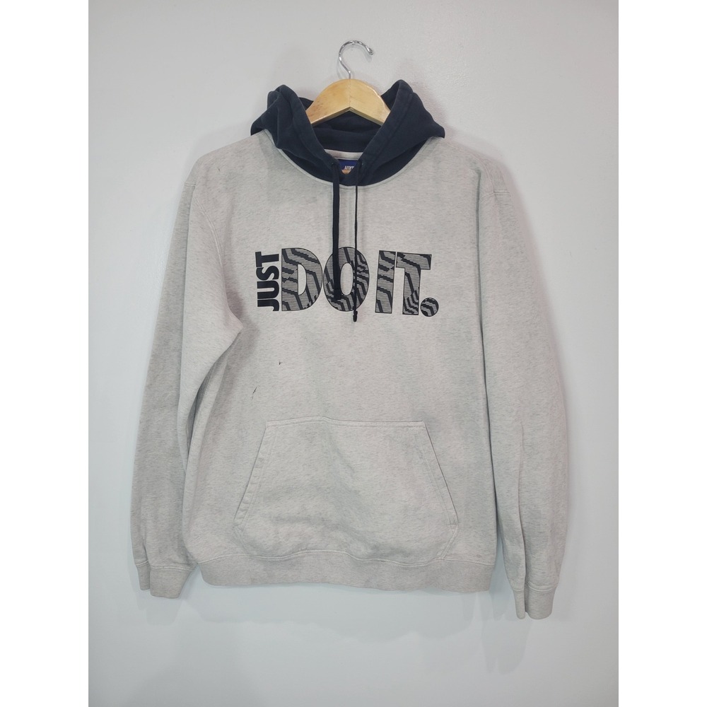 Nike‎ Just Do It Hoodie Mens Large Gray Black Logo Pullover Athletic